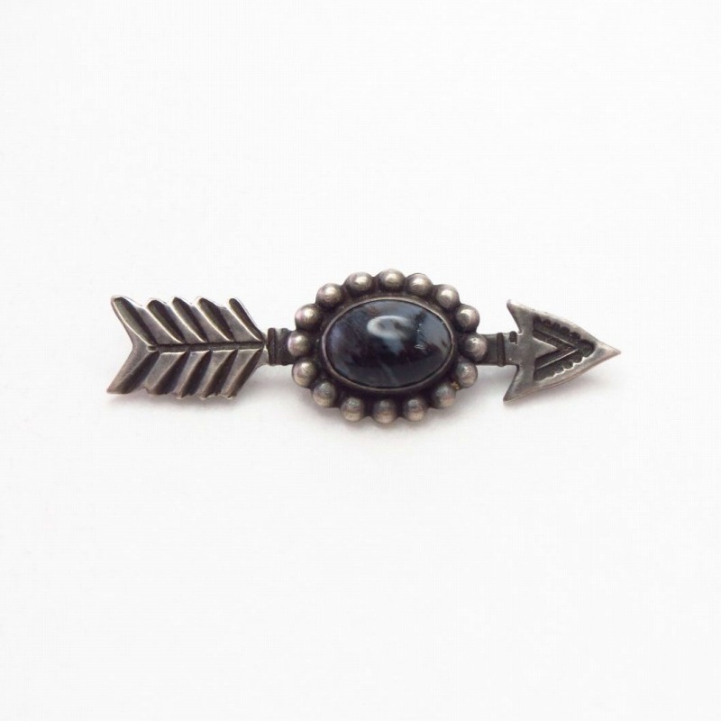 Antique Arrow Shape Silver Small Pin w/PetrifiedWood c.1940～