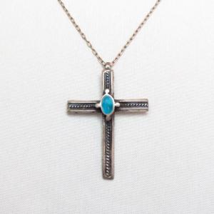 Vintage Zuni Silver Cross w/TQ Fob Necklace  c.1960～
