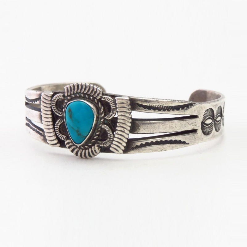 Vtg Pueblo or Navajo Stamped & Coiled Wire Cuff w/TQ c.1945～