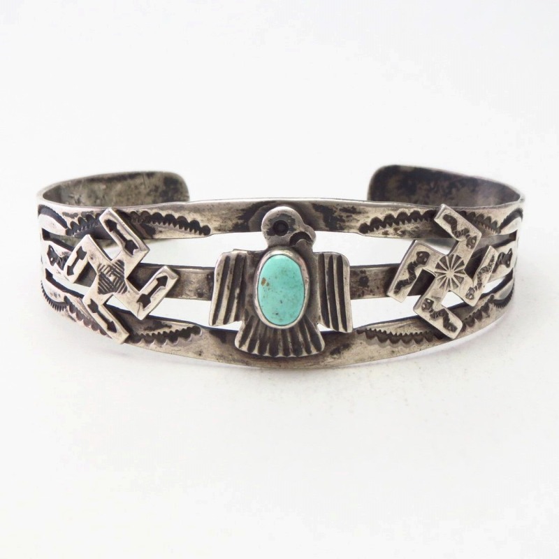 Antique Stamped Thunderbird & 卍 Applique Silver Cuff  c.1930