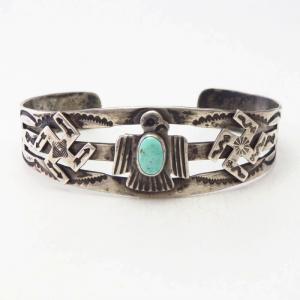 Antique Stamped Thunderbird & 卍 Applique Silver Cuff  c.1930