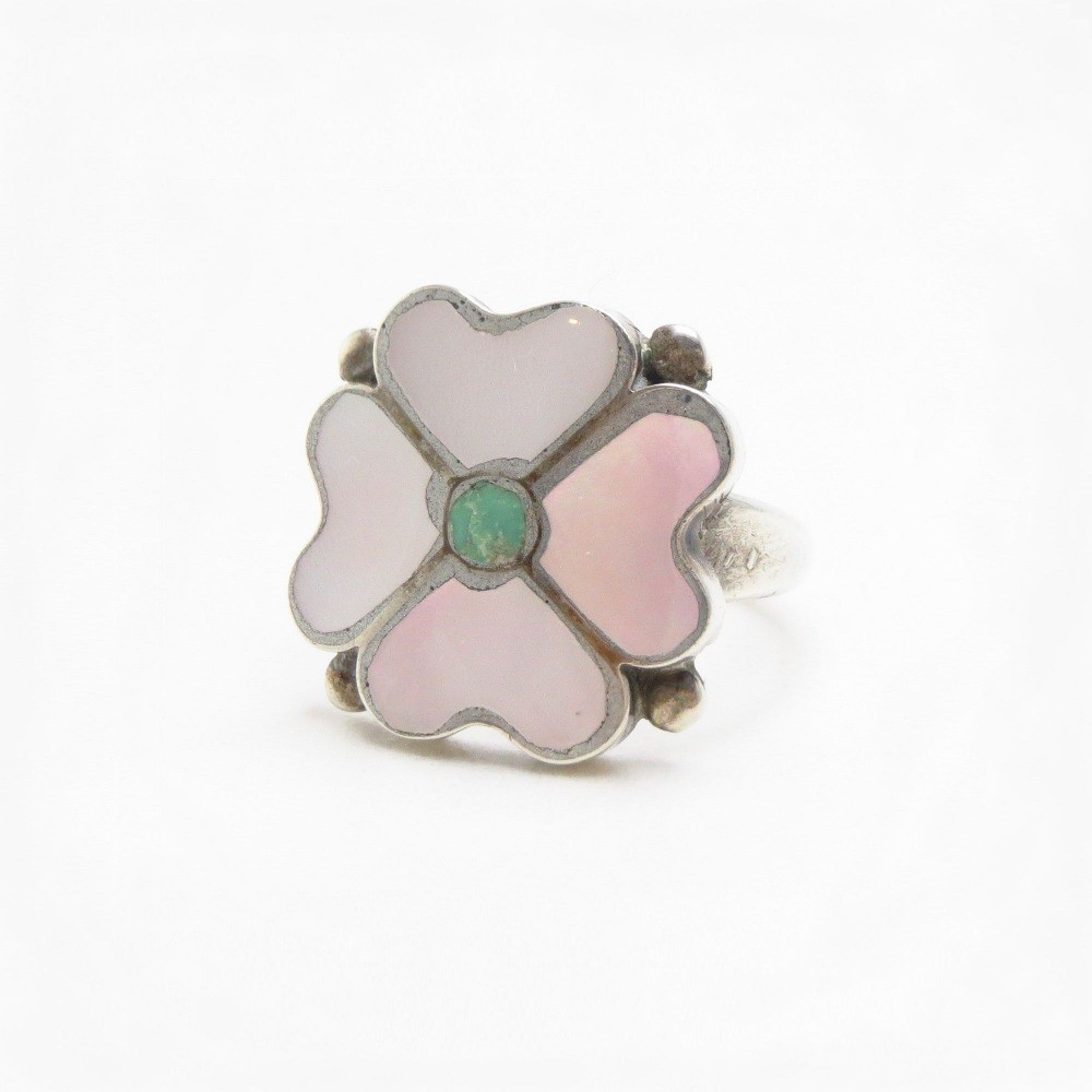 Vtg Zuni 『Desert Rose』 Shell & Turquoise Inlay Ring c.1970～
