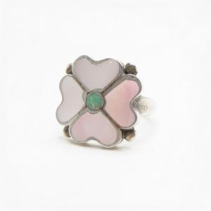 Vtg Zuni 『Desert Rose』 Shell & Turquoise Inlay Ring c.1970～