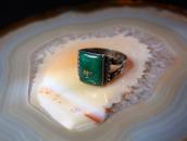 Antique Tourist Silver Ring w/Square Green Turquoise c.1935～