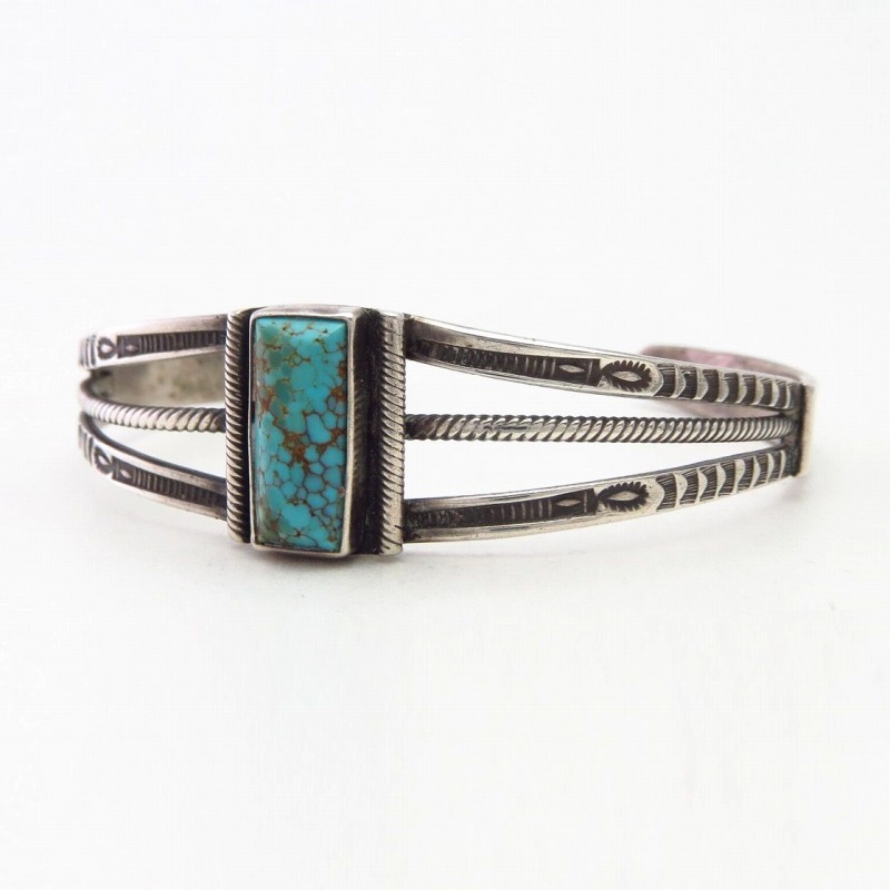 Atq Pueblo or Navajo Stamped Band Cuff w/#8 Turquoise c.1940