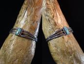 Atq Pueblo or Navajo Stamped Band Cuff w/#8 Turquoise c.1940