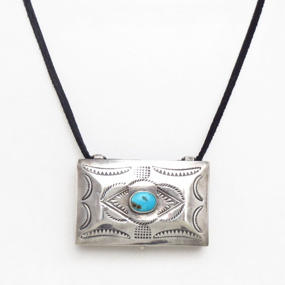 Antique Navajo Stamped Silver Pill Box w/TQ Necklace c.1930～