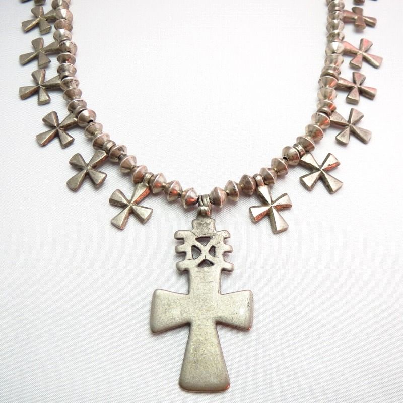 Antique Silver Bead w/19 Cross Charm Necklace  c.1940～