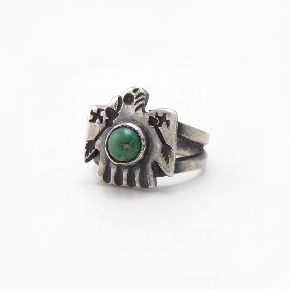 Atq Navajo 卍 Stamped T-bird Silver Ring w/Turquoise c.1930