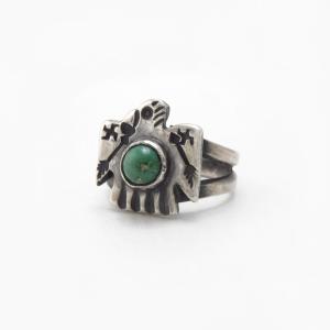 Atq Navajo 卍 Stamped T-bird Silver Ring w/Turquoise c.1930