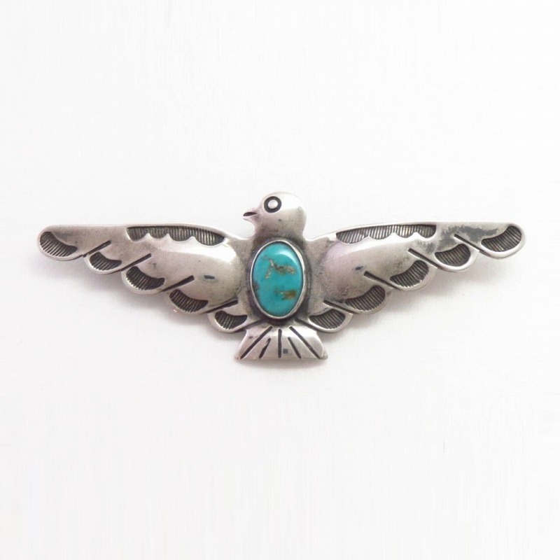 Atq Stamped Thunderbird Shape Silver Pin w/Turquoise c.1935～