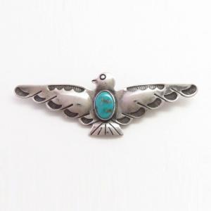 Atq Stamped Thunderbird Shape Silver Pin w/Turquoise c.1935～