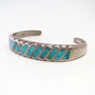 Vintage Zuni Gem Turquoise Inlay Serrated Edges Cuff  c.1960