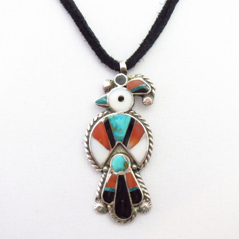 Vtg Zuni Multi-Stone Inlay Thunderbird Fob Necklace  c.1940～