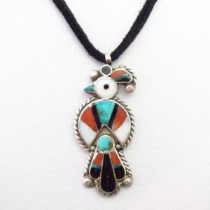 Vtg Zuni Multi-Stone Inlay Thunderbird Fob Necklace  c.1940～