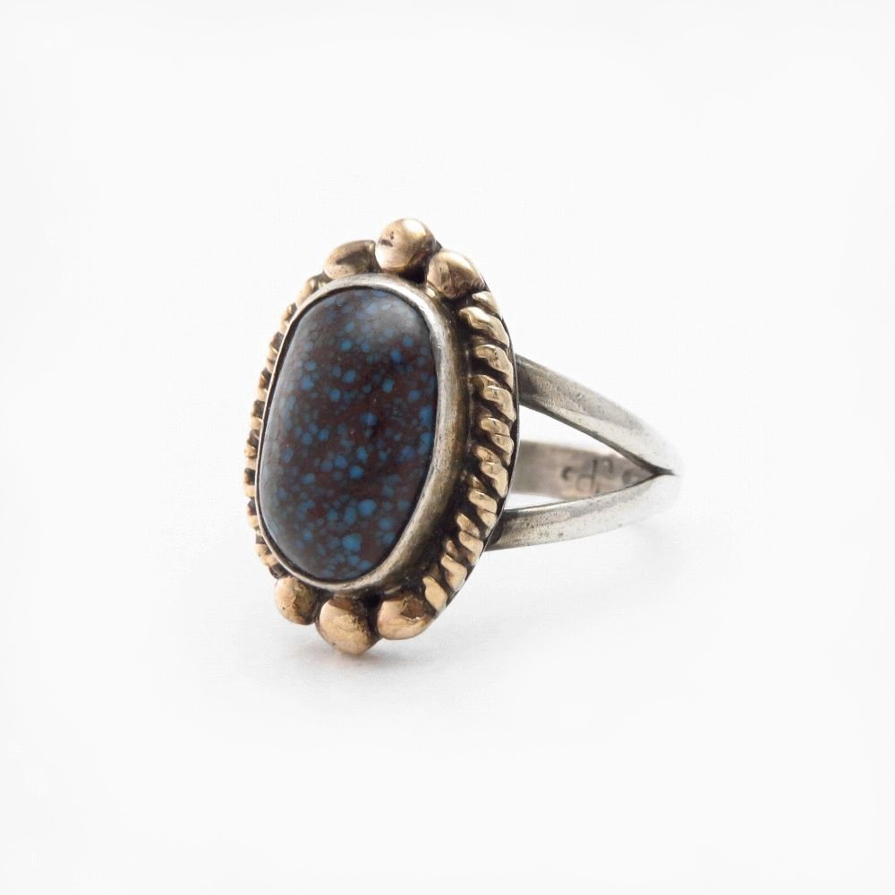 Old Navajo Top Grade Turquoise Ring in Silver & Gold c.1980～