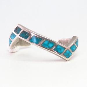 Vintage Zuni Turquoise Inlay Heavy Silver ZigZag Cuff c.1960
