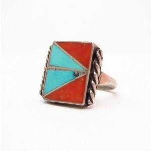 Charlene Zunie OLDPAWN Turquoise & Coral Inlay Ring  c.1980