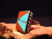 Charlene Zunie OLDPAWN Turquoise & Coral Inlay Ring  c.1980