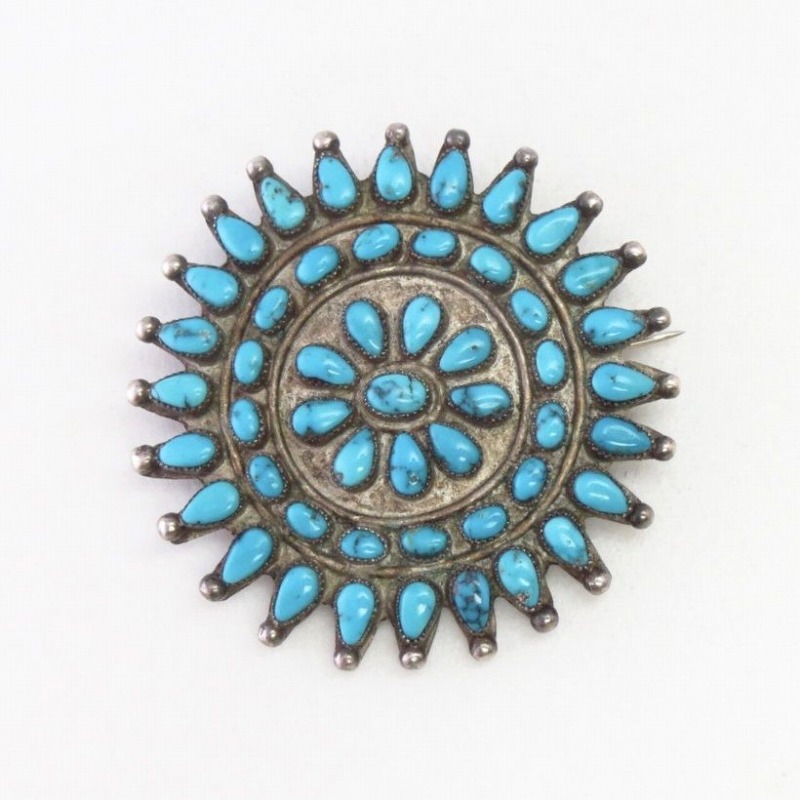 Vintage Zuni 50 Turquoise Cluster Silver Pin Brooch  c.1965～