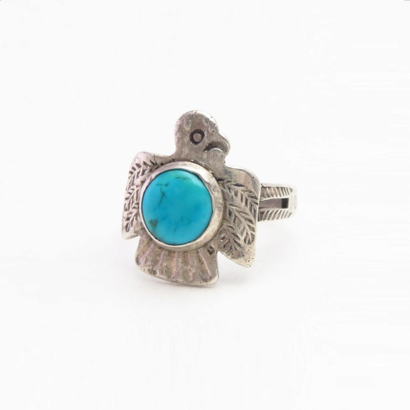 Antique Stamped T-bird Shape Sliver Ring w/Turquoise c.1930～
