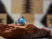 Antique Stamped T-bird Shape Sliver Ring w/Turquoise c.1930～