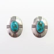 Vtg Oval Shaped Silver Earrings w/BlueGem Turquoise  c.1955～