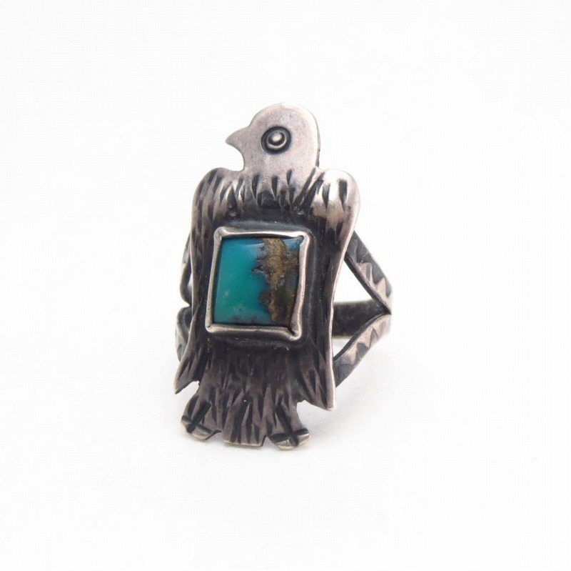 Antique Thunderbird Face Silver Ring w/Sq. Turquoise c.1930～