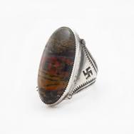 Atq Navajo 卍 Stamped Cigar Band Ring w/PetrifiedWood c.1925～