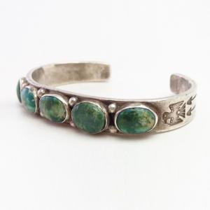 Atq Navajo Turquoise Row T-bird Stamped Silver Cuff  c.1930
