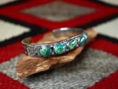 Atq Navajo Turquoise Row T-bird Stamped Silver Cuff  c.1930