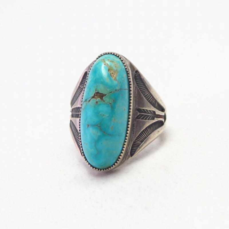 Atq Navajo Arrows Stamped Ring w/High Dome Turquoise c.1930～