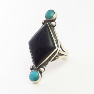Vtg Navajo Rhombus Shape Jet & Turquoise Silver Ring c.1940～