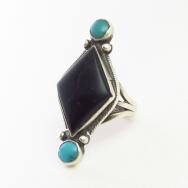 Vtg Navajo Rhombus Shape Jet & Turquoise Silver Ring c.1940～