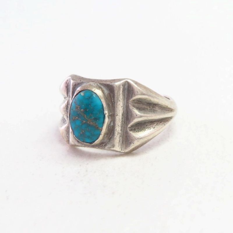 Vtg Navajo Cast Silver Ring w/Replaced Gem Turquoise c.1950～