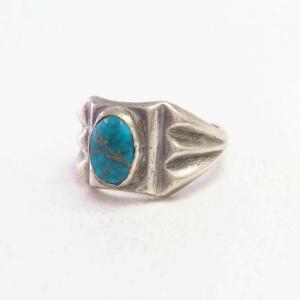 Vtg Navajo Cast Silver Ring w/Replaced Gem Turquoise c.1950～