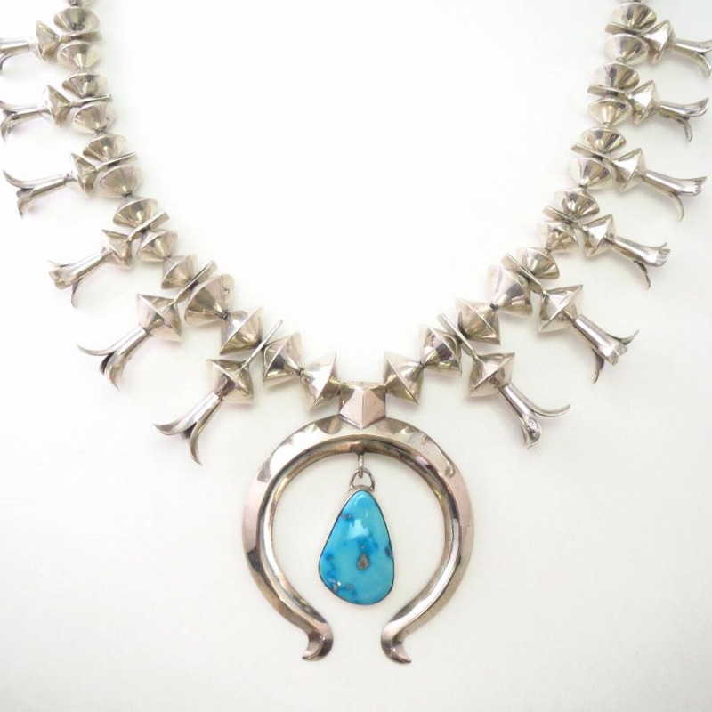 Vtg Navajo Squash Blossom Naja Necklace w/Turquoise  c.1960