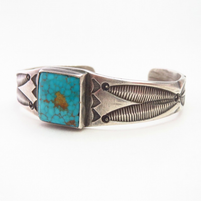 Vtg Navajo Stamped & Filed Cuff w/Sq. Gem Turquoise  c.1935～