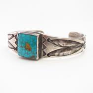 Vtg Navajo Stamped & Filed Cuff w/Sq. Gem Turquoise  c.1935～