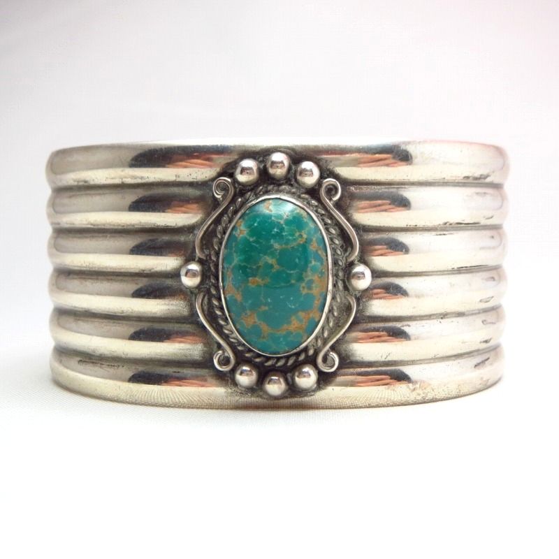 Vintage Ribbed Silver Wide Cuff Bracelet w/TQ  c.1940～