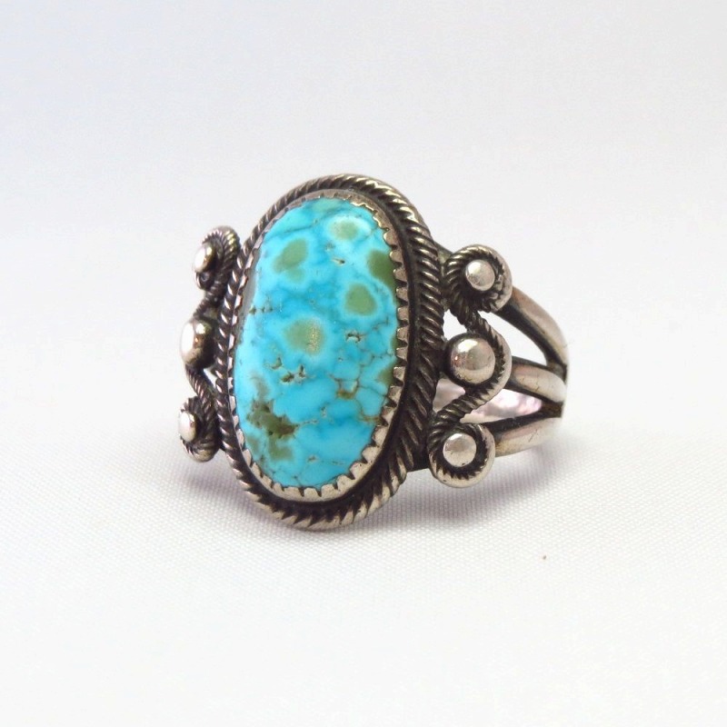 Antique Navajo Split Shank Silver Ring w/Gem #8 TQ  c.1935～