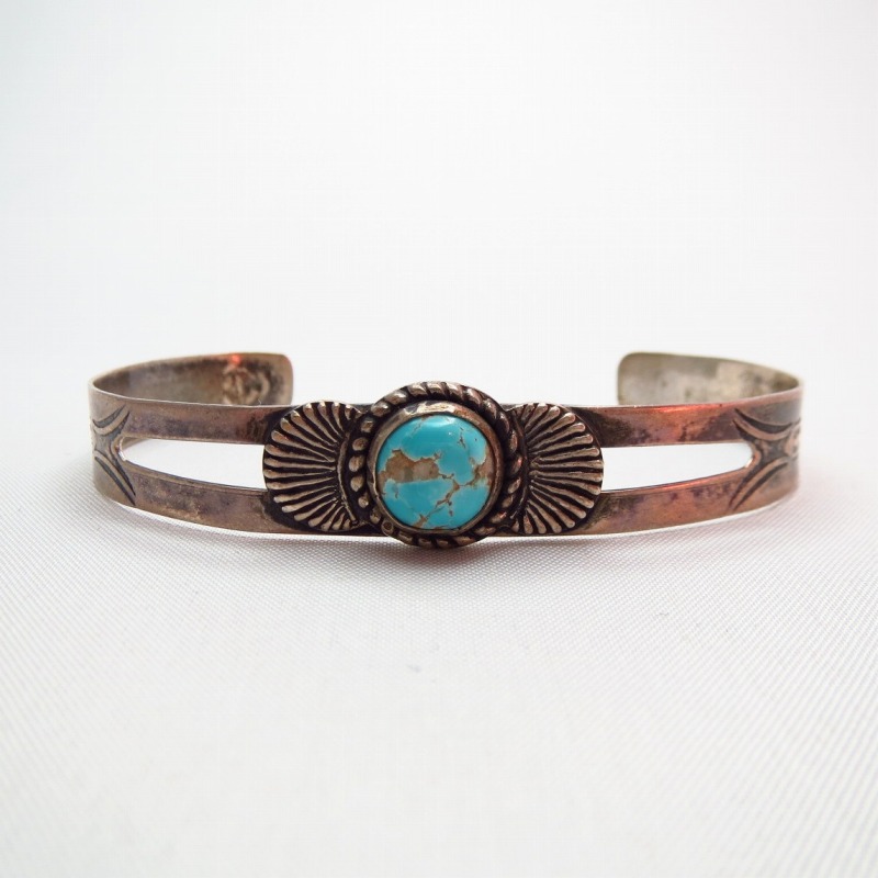Vintage Coin Silver Narrow Cuff w/Turquoise c.1940