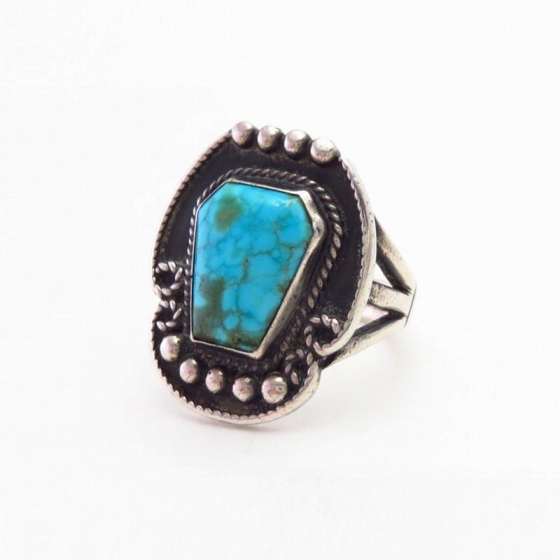 Atq Navajo Silver Ring w/Coffin Shape No.8 Turquoise c.1935～
