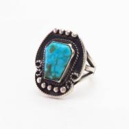 Atq Navajo Silver Ring w/Coffin Shape No.8 Turquoise c.1935～