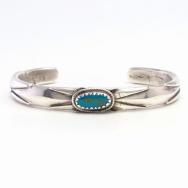 Vtg Navajo Chiseled Ingot Silver Cuff w/Blue Gem TQ  c.1945～