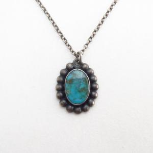 Atq Gem Quality Turquoise Small Fob Silver Necklace  c.1940～