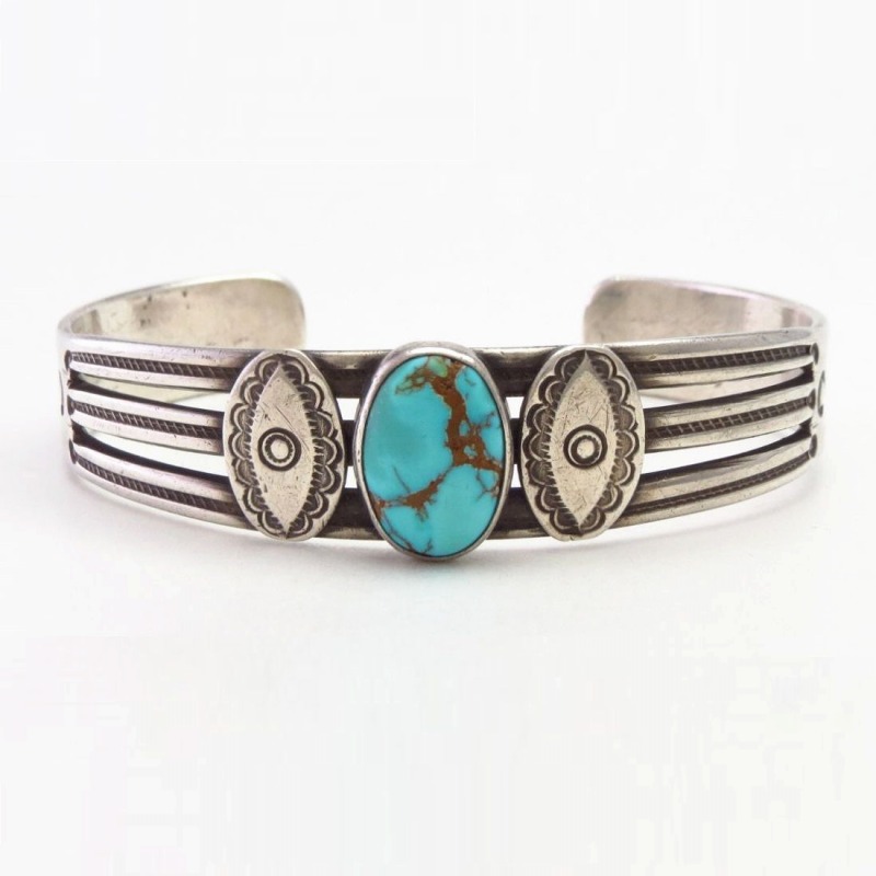 Atq Stamped Ingot Silver Split Band Cuff w/Turquoise c.1920～