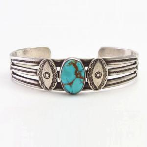 Atq Stamped Ingot Silver Split Band Cuff w/Turquoise c.1920～