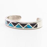 Old Zuni Onyx &Turquoise Inlay Casted Silver Cuff c.1970～