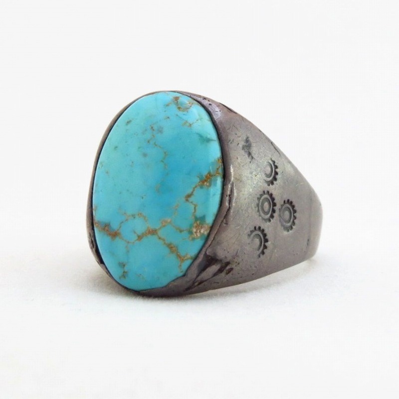 【UITA6】Atq Navajo Cast Silver Men's Large Ring w/TQ  c.1940～